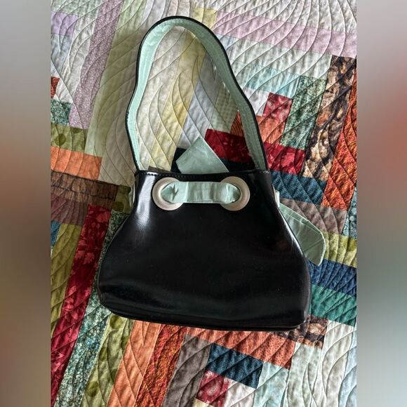 Vintage 90 Y2K Vamp Girls Handmade Black Faux Leather Blue Satin Bow Mini Bag - Picture 5 of 8